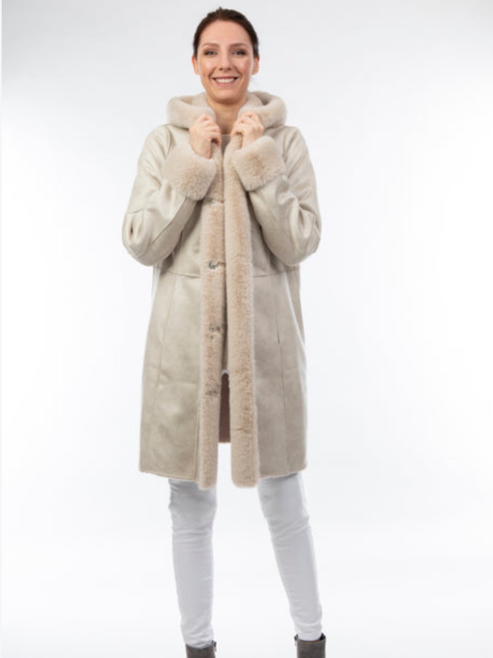 Women's Cream Shearling Hooded Coat